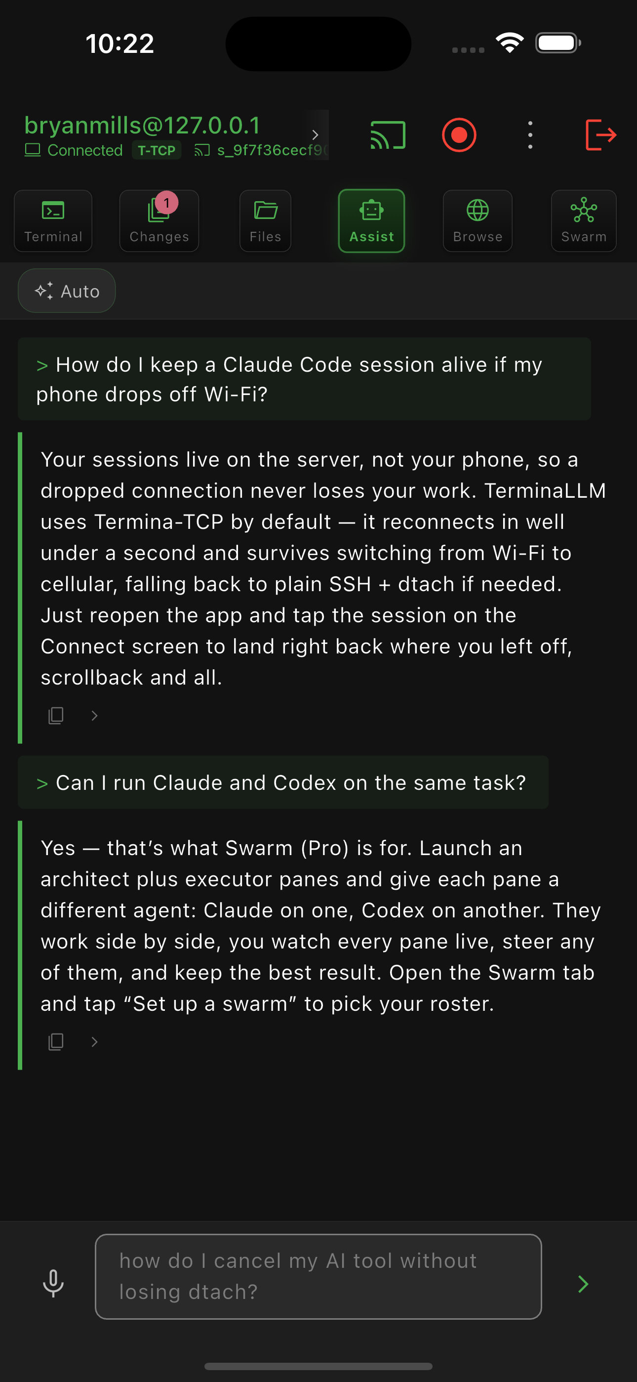 Assist tab: AI chat answering questions about your server.