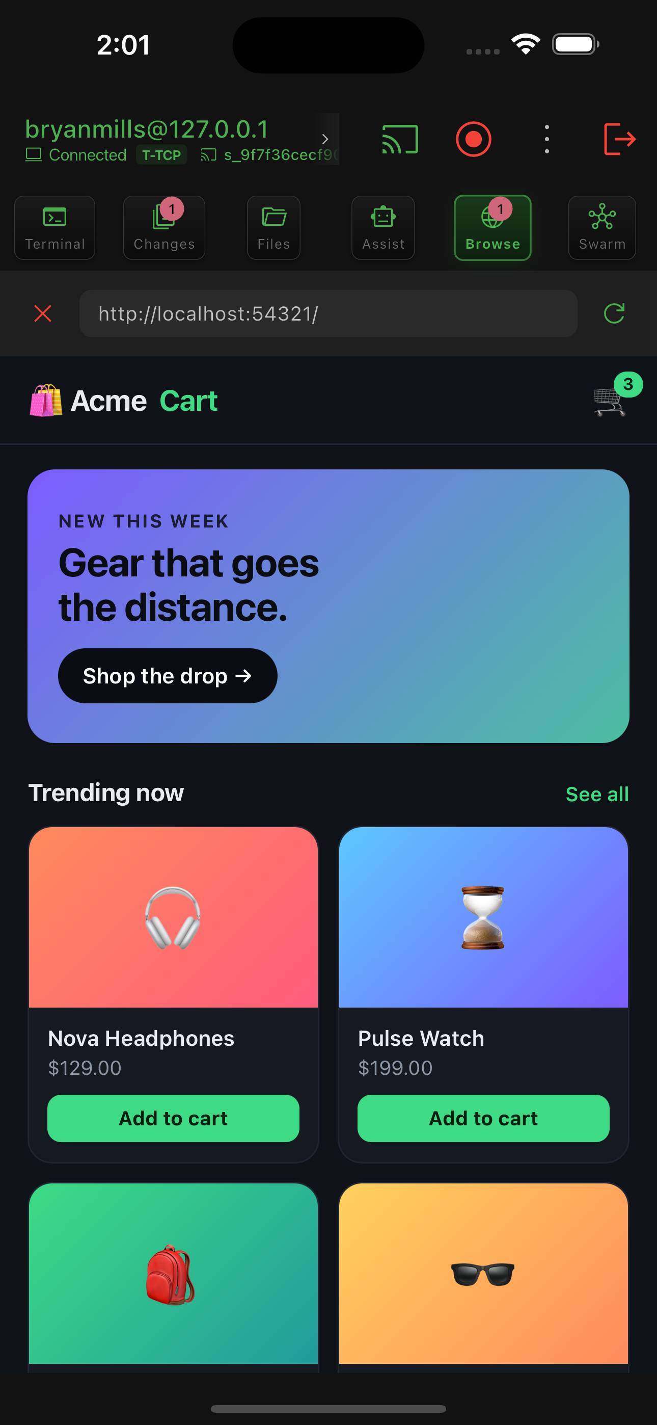 Browse tab: port forwarding with an in-app preview of a dev server.