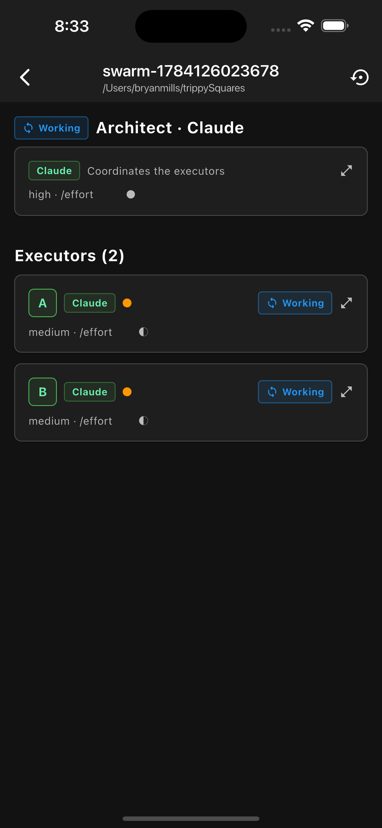TerminaLLM Swarm view: a lead architect delegating tasks to the coding agents you choose, each running live in its own labeled terminal pane.