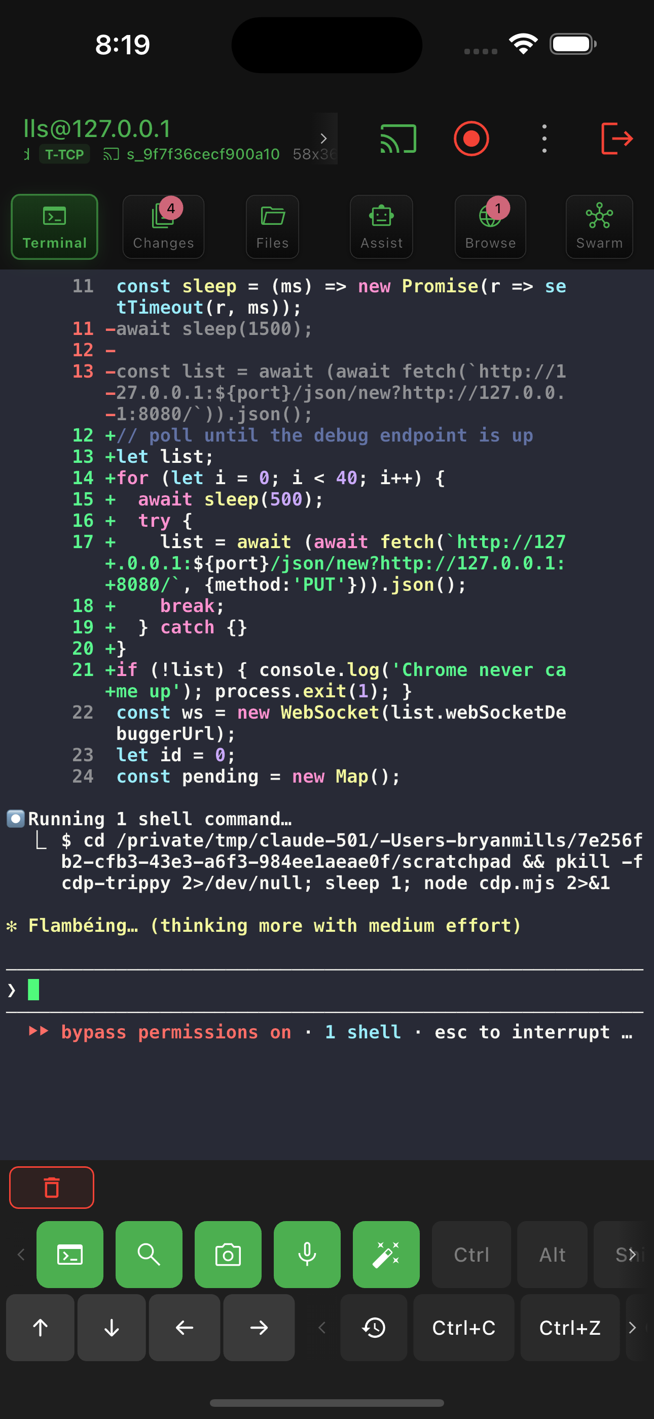 TerminaLLM terminal running Claude Code on a remote server, with the six-tab bar: Terminal, Changes, Files, Assist, Browse, and Swarm.